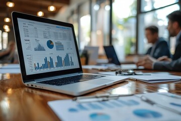 Laptop Displaying Data Charts in Modern Office Setting