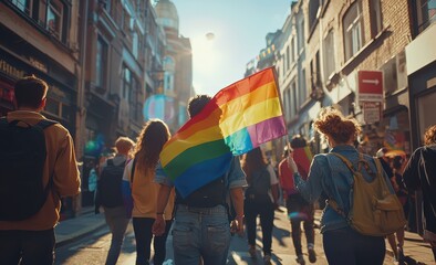 Fototapeta premium Crowd of people celebrating diversity and inclusion at a vibrant street parade, holding rainbow flags as a symbol of LGBTQ pride and community spirit