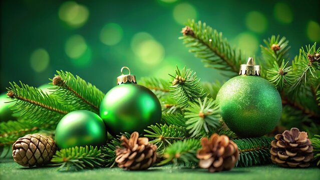 Green Christmas elegance pine decor and ornaments on serene green background macro