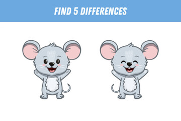 Find five differences between two pictures of a cute mouse. Cartoon mouse. Activity page. Vector illustration