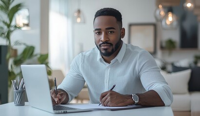 Focused man writing notes at desk with laptop in cozy home office environment