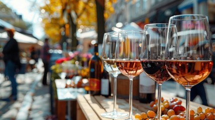 A vibrant street filled with wine glasses, colorful decorations, and stalls at the Bordeaux wine festival, capturing the essence of this celebrated event during the fall season