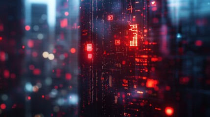 Abstract digital landscape with glowing red data elements and a futuristic city backdrop.