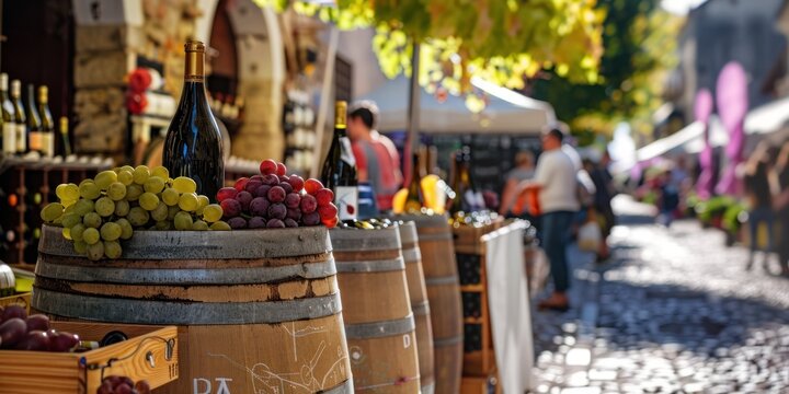 A vibrant street is lined with wine barrels filled with grapes, showcasing the rich culture of Bordeaux during a lively wine festival in an inviting autumn atmosphere