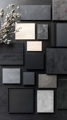 A collection of various textures and colors, including a light wood sample, and a sprig of white blossoms, all arranged on a black background.