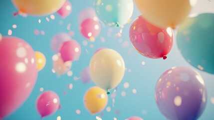 Vibrant balloons floating at a festive birthday party celebration. Great for event planning, children's parties, and holiday content.