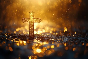 glistening golden bokeh background with a prominent christian cross symbolizing spirituality and faith within a luminous and ethereal setting