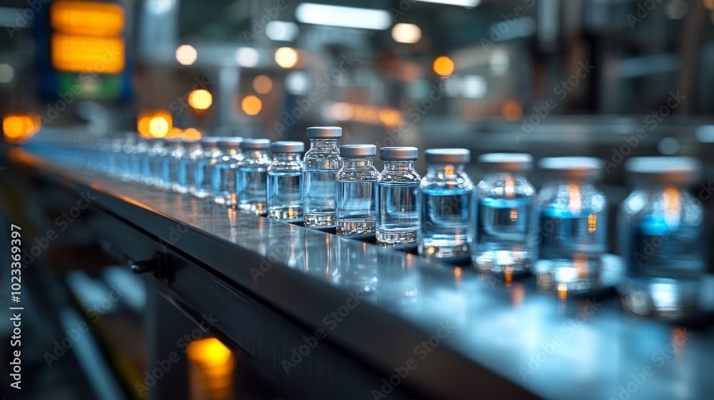 Poster a row of bottles on a conveyor belt