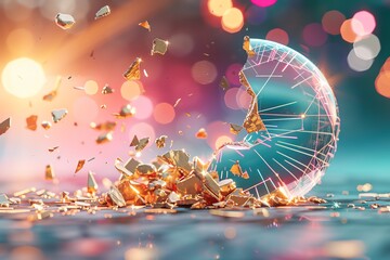 A mesmerizing burst of shattered glass, reflecting colorful lights in a dreamy bokeh background, creating a striking visual effect.
