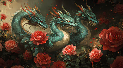 Obraz premium Three dragons and roses. Hydra Rising. Illustration