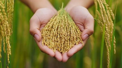 Young farmer holding golden yellow paddy Farmer's Hope, Farmer's Heir, Rice Yields Organic Jasmine Rice harvest the crops.