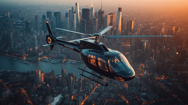 A black helicopter flying over the city, showcasing its sleek design and impressive panoramic view of skyscrapers.