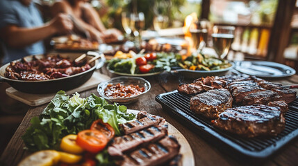 Obraz premium appetizing grilled meat and fresh salads on outdoor dinner table happy people enjoying backyard bbq party
