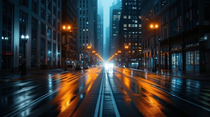 City street at night with cars and buildings in the background