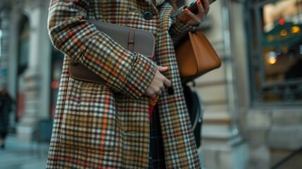 Close-up of a Woman in a Plaid Coat Carrying a Brown Bag
