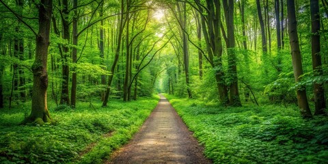 Fototapeta premium Green forest pathway surrounded by trees and foliage in wide-angle shot