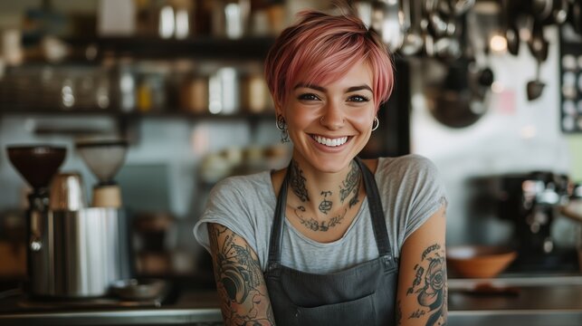 A photo of an attractive female barista with tattoos, smiling and looking at the camera while working in front of her coffee shop counter - Powered by Adobe