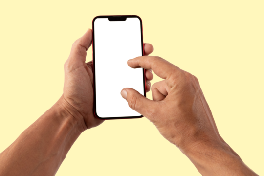 Male hands holding a red smartphone, zoom in/out gesture, yellow background blanc screen mockup