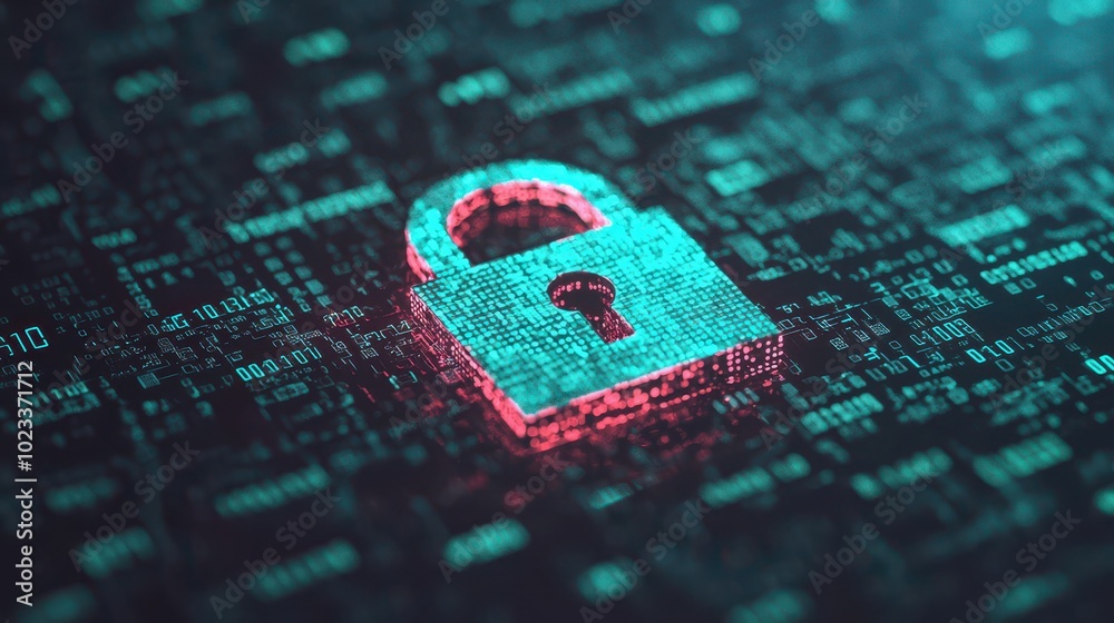 Poster a digital lock icon glows amidst a matrix of binary code, symbolizing cybersecurity and data protect