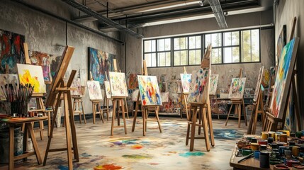 Art room filled with easels, paint, and brushes, 3D illustration,  no blur, photo not dark, everything is clear, copy space