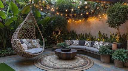 Stylish Outdoor Lounge with Hanging Egg Chair & String Lights Surrounded by Lush Greenery