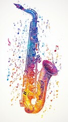 An abstract art piece showcasing a colorful saxophone surrounded by vivid musical notes, emphasizing creativity, music, and artistic expression.