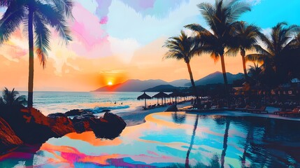 A vibrant and colorful collage featuring tropical beach scenes, palm trees, sunsets over the ocean, poolside scenes