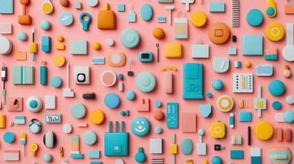 Fototapeta premium A vibrant collection of abstract geometric shapes, featuring various colors and sizes, set against a pastel pink background.