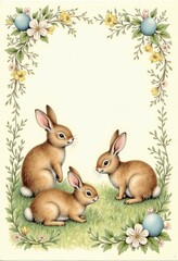 Fototapeta premium Easter Postcard Featuring Intricately Detailed Illustrations of Bunnies and Floral Border