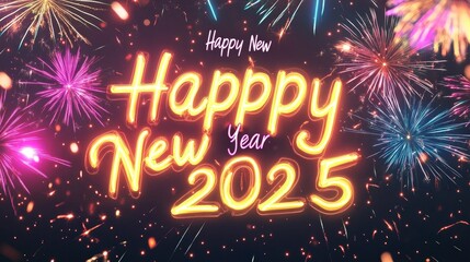 Happy New Year 2025 in bright yellow neon, set against a backdrop of colorful fireworks and stars.