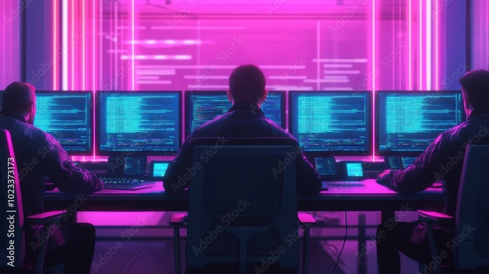 Poster a group of programmers collaborates in a neon-lit room, working on multiple screens filled with code