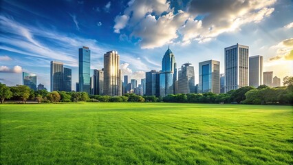 Obraz premium green grass field with skyscrapers in background
