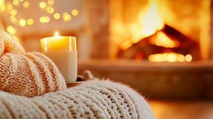 Autumn illustration, Hot drink on bed with orange blanket at home. Autumn decor idea, home cozy atmosphere.