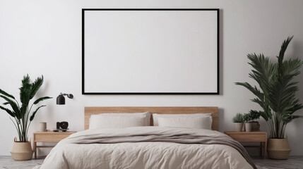Minimalist bedroom with a large black framed canvas above the bed.