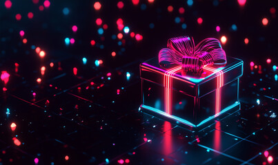 Glowing gift box in neon style on a black background with bokeh neon lights. Copy space for banner. Cyber Monday, Black Friday and Christmas.