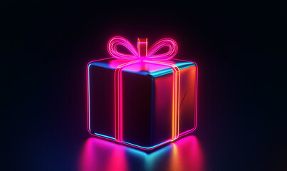 Glowing gift box in neon style on a black background. Copy space for banner. Cyber Monday, Black Friday and Christmas.