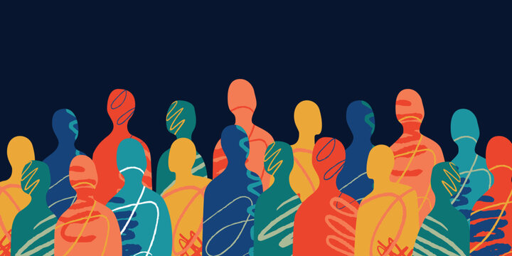 A crowd of abstract multicolored silhouettes of people made in the collage style. A metaphor of unity and partnership.