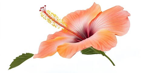 A vibrant orange hibiscus flower with delicate petals and yellow stamen against a white background.