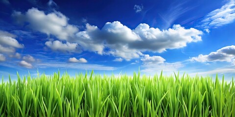 Fototapeta premium Green grass lawn under blue sky with fluffy clouds