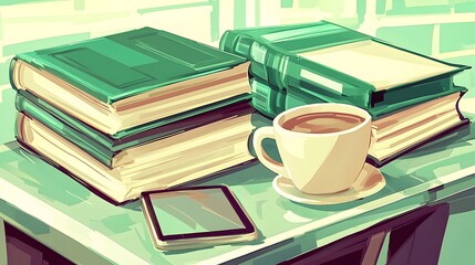 Detailed 3D of a school desk setup with a cup of coffee tablet device and stack of textbooks representing a late night study session for a student or academic working diligently