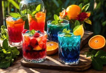 colorful beverage pairings artfully present rustic wooden table surrounded natural elements decor, drink, cocktail, mocktail, refreshment, fruit, garnish