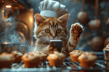 A cat wearing a chef's hat, holding up his phone while baking muffins in the oven and reading recipe.
