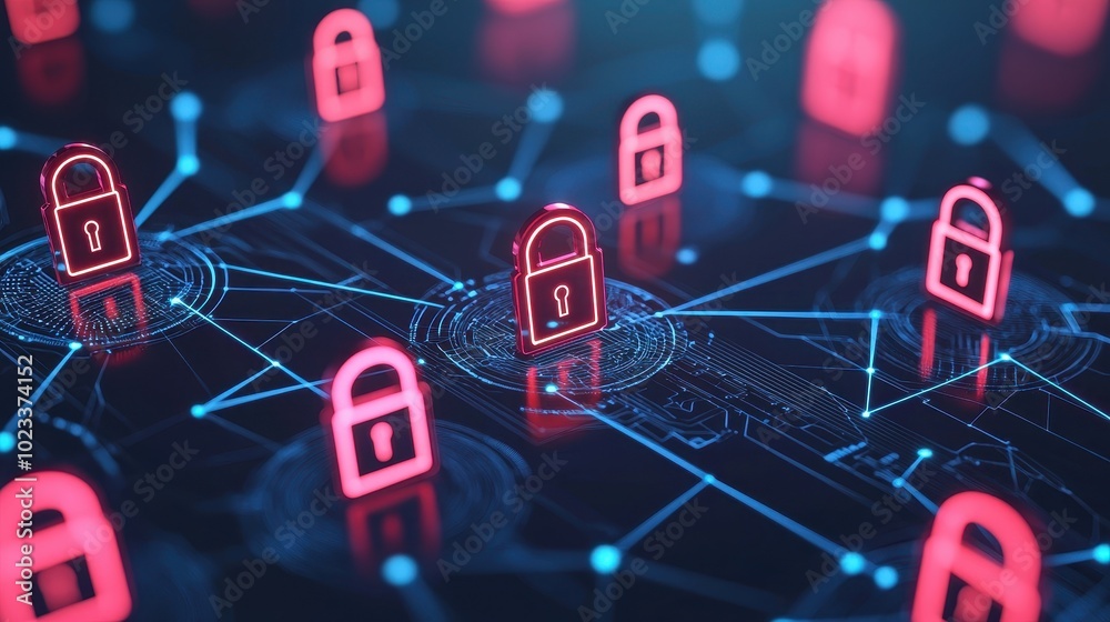 Poster a digital representation of secure connections featuring multiple padlocks interconnected by a netwo