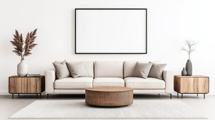 A minimal living room with a white sofa,  wooden end tables and a large framed print.