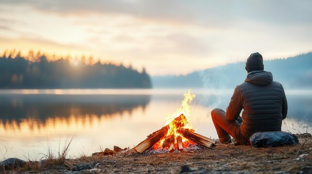 Person relaxing by campfire near serene lake at sunrise, peaceful outdoor retreat.