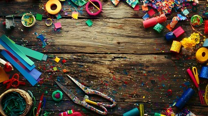 Scissors glue and colored paper on a crafting table ready for a DIY school project in a 3D