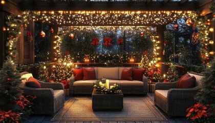 Patio with outdoor Christmas decor, lights, and festive seating, 3D illustration,  no blur, photo not dark, everything is clear, copy space