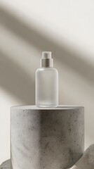A frosted glass spray bottle on a concrete pedestal, highlighting minimalist design.