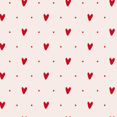 Hand-Drawn Hearts and Dots Seamless Pattern - Red on Beige. Rustic and vintage style. Playful and romantic for Valentine's Day designs, invitations, stationery, gift wrap, fabric prints, home decor