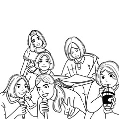 Sing karaoke with friends cartoon line drawing